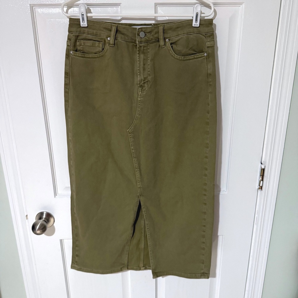 Mica Los Angeles Olive Green Denim Midi Skirt Front Slit Size L High Waist